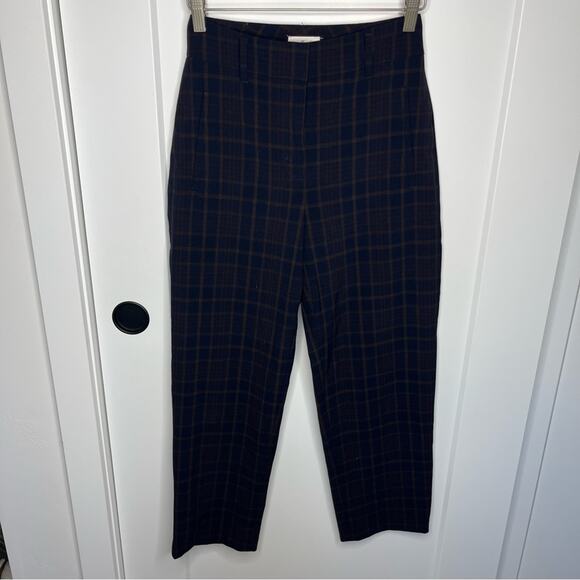 Aritzia Wilfred Navy Blue Plaid Pattern High Waisted Crop Trousers Pants Size 0 - Picture 1 of 6